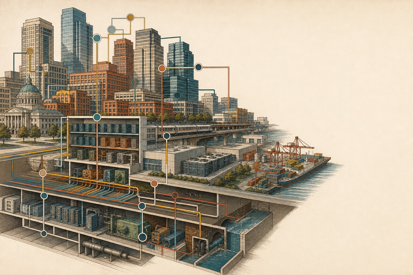 Fictional enterprise district illustrating connected technology infrastructure