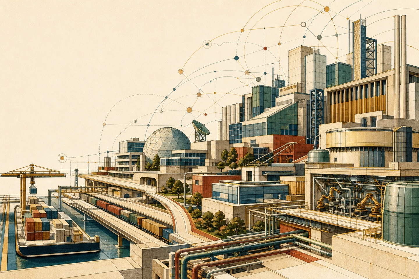 Fictional cross-industry district connecting research, production, logistics and digital infrastructure