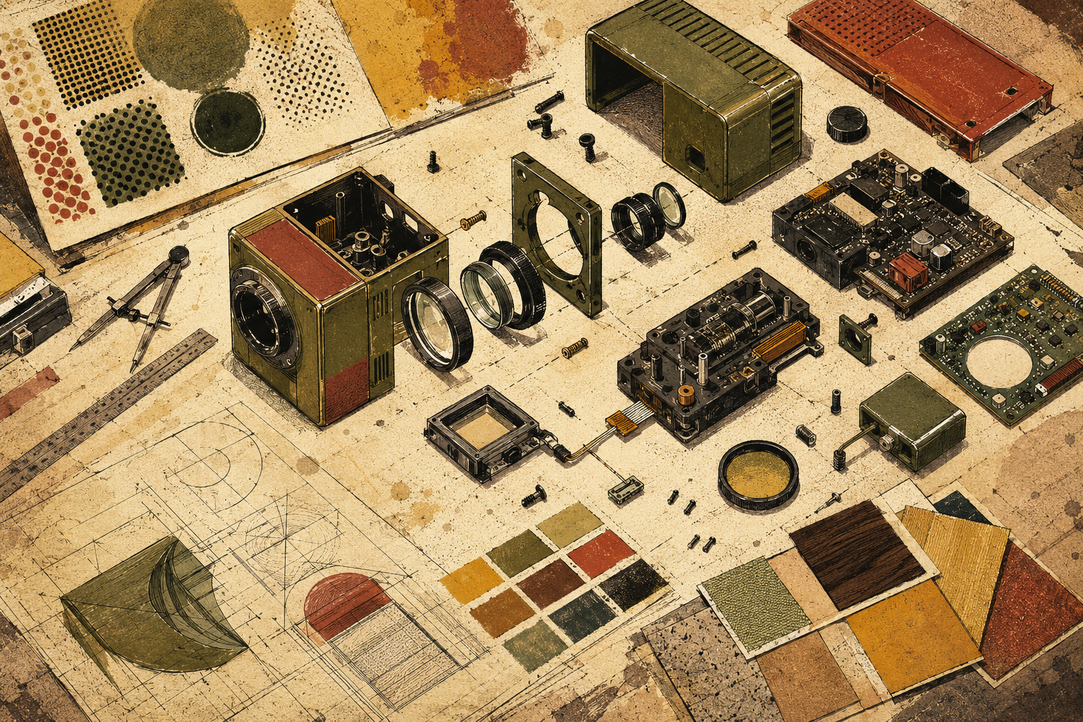 Top-down hand-drawn arrangement of prototype components and evaluation tools