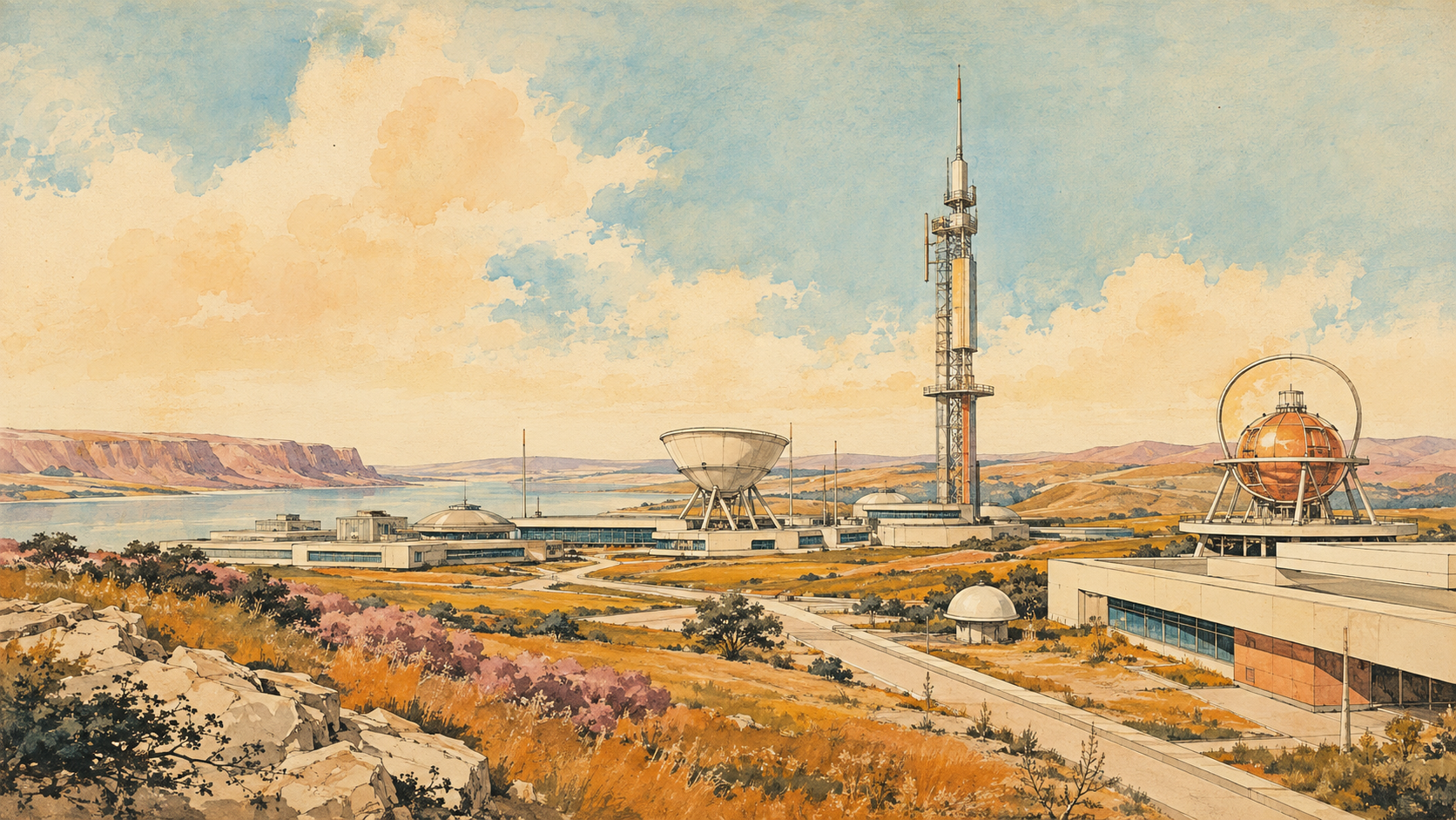 Retro hand-drawn landscape of connected technology research facilities